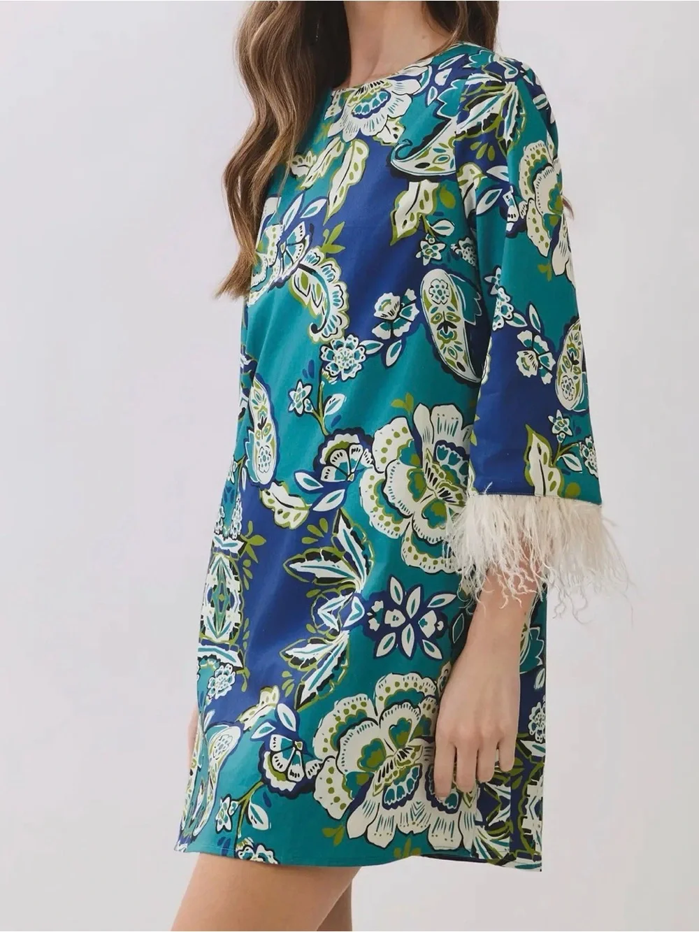 LOVE! Feather Trim Cuffed Jewel Tone Paisley Shift Dress Sz S M L Tuckernuck - Picture 3 of 8